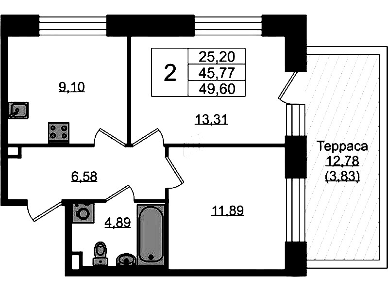 2-комнатная квартира 49.6 м², 1/5 эт., ЖК «Plus Пулковский»